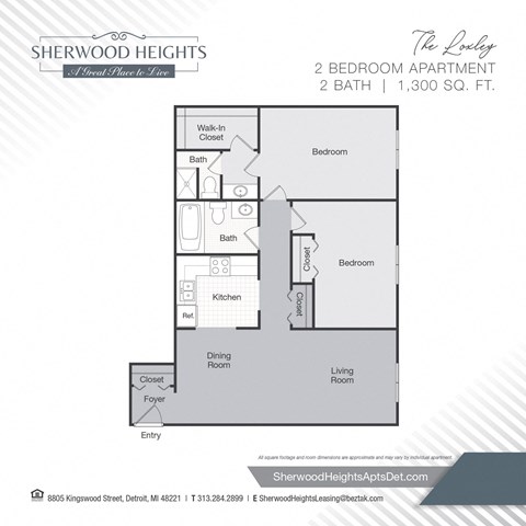 Floor plan for 2 beds, 2 baths, 1300 sqft